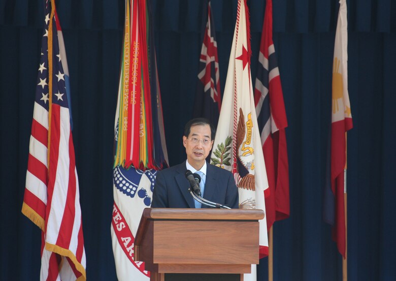 South Korean Ambassador Han Duck-soo speaks during a Korean War commemoration ceremony in the Pentagon courtyard June 24, 2010. During the event he said the sacrifices made by the men of the armed forces of the United States and the Republic of Korea have led to a strong alliance, forged by the blood of brave men from both nations.