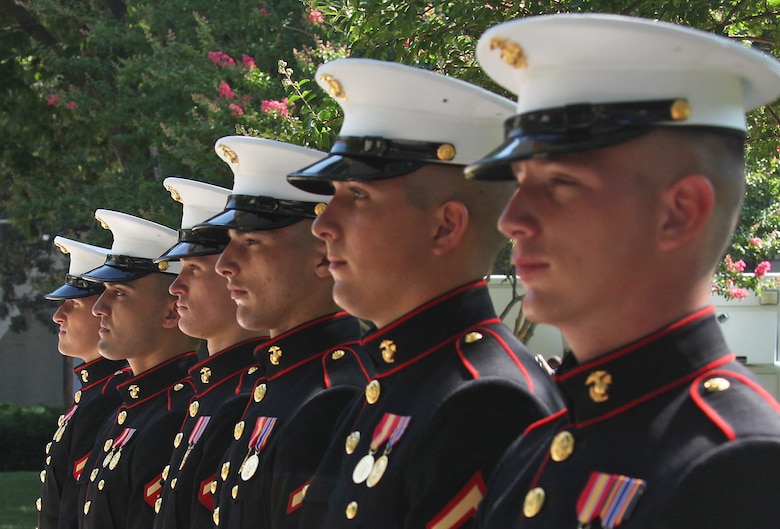 Marines listen to Under Secretary of the Army Joseph W. Westphal speak during a commemoration ceremony in the Pentagon courtyard June 24, 2010. The ceremony recognized the 60th anniversary of the Korean War.