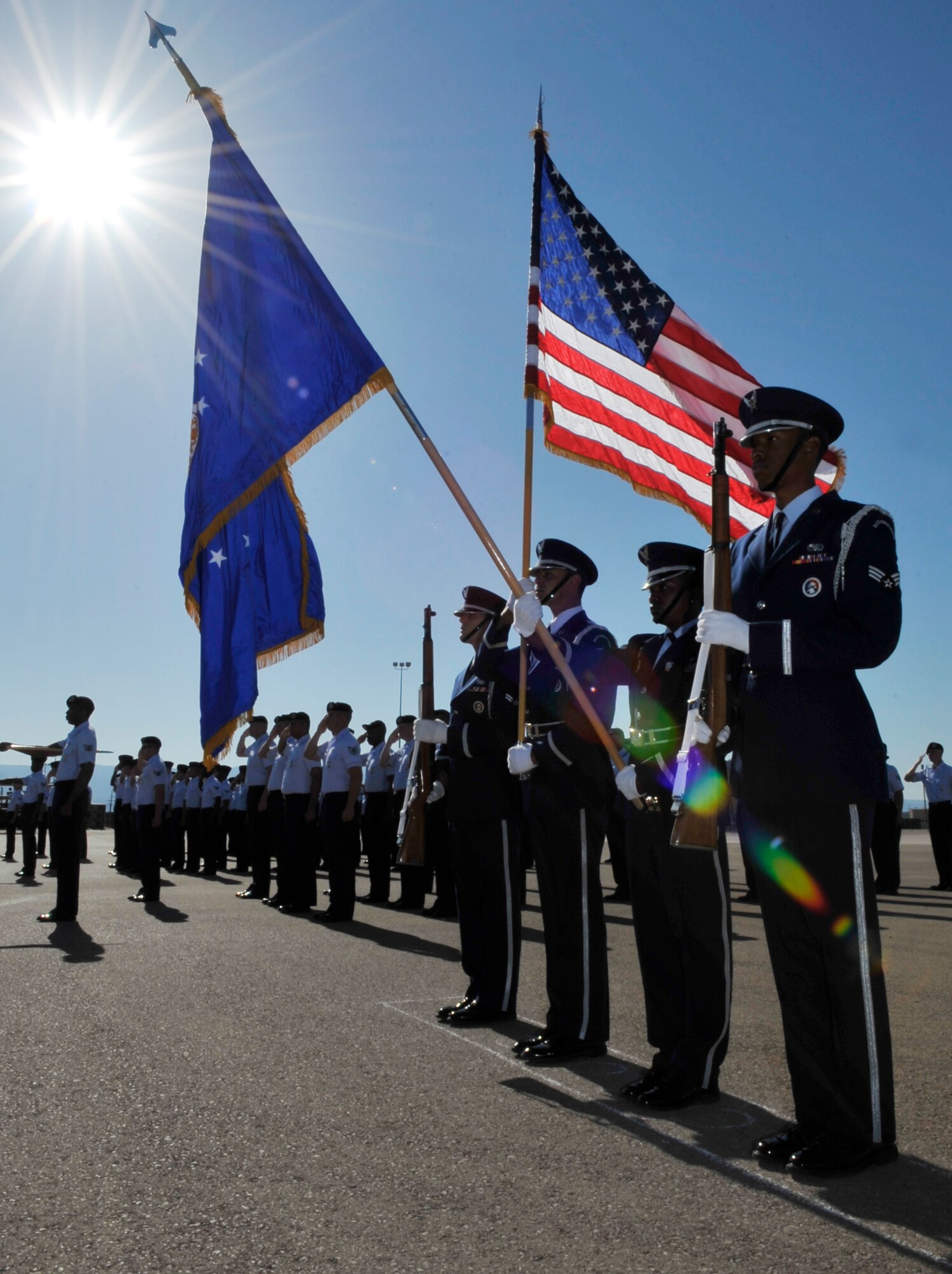 HOLLOMAN AIR FORCE BASE, N.M. -- The Holloman Steel Talon Honor Guard presents the colors during the 49th Mission Support Group change of command ceremony June 21, 2010. Col. Stephen DiFonzo, relinquished command of the 49th MSG to Col. Robert Cole. A native of Fort Worth, Texas Colonel Cole enterd the Air Force in 1987 as a graduate of the Reserve Officer Training Corps at Texas Christian University.   (U.S. Air Force photo by Airman 1st Class Joshua Turner / Released)