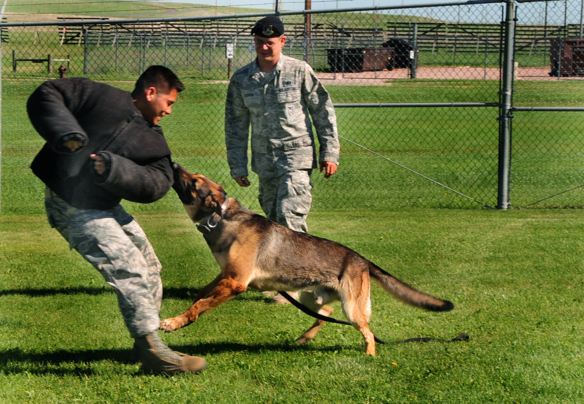 ELLSWORTH AIR FORCE BASE, S.D. -- (Back) Staff Sgt. Christopher Darrow and Otto Yan, 28th Security Forces Squadron dog handlers, conduct training with military working dog, Bak, June 24.  Sergeant Yan uses a “bite suit” to protect himself during the training. (U.S. Air Force photo/Airman 1st Class Anthony Sanchelli)