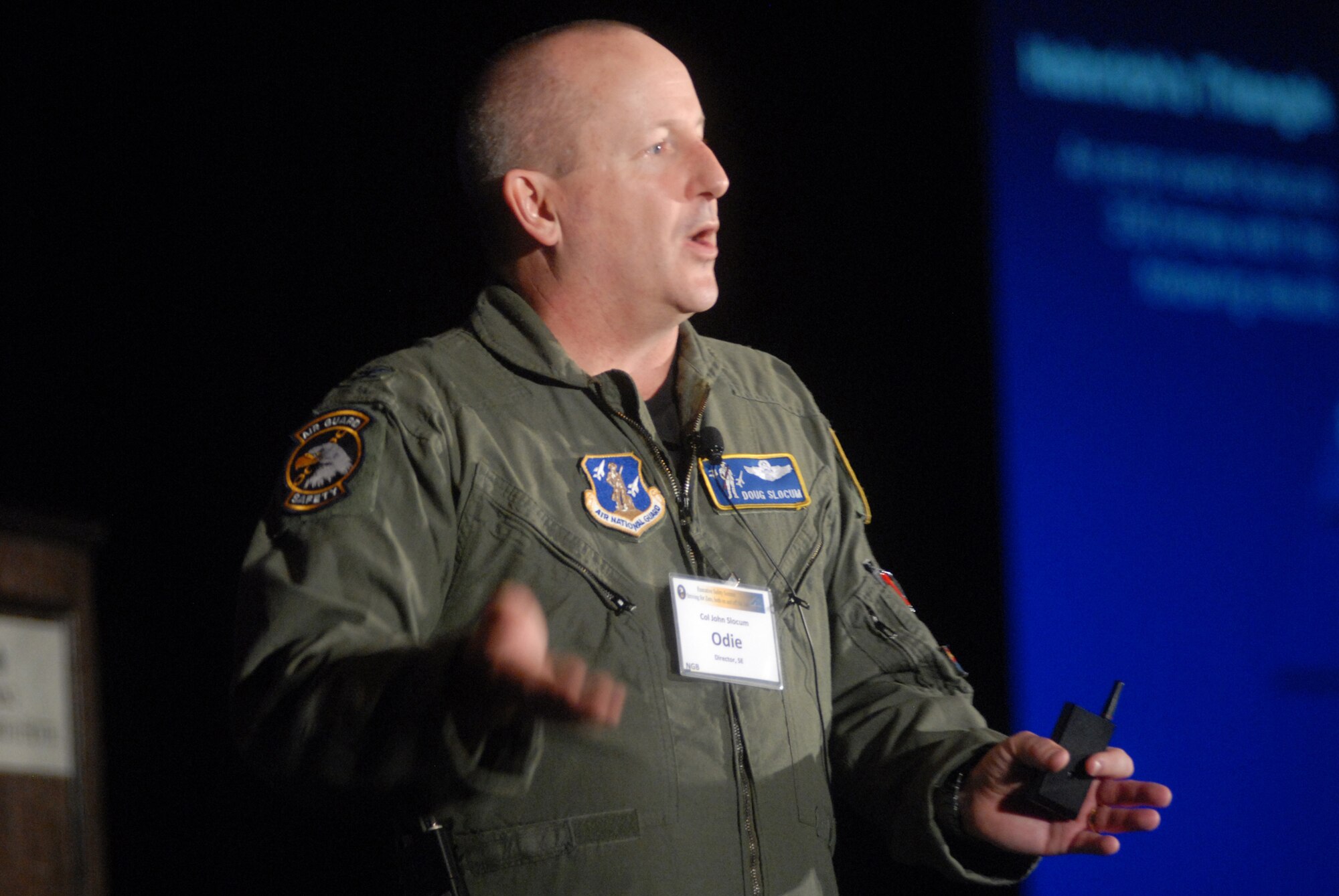 Air Force Col. Doug Slocum addresses a group of Air Guard senior leaders during the 2010 Executive Safety Summit June 22, 2010, in Fort Worth, Texas. The theme for the summit was to strive for zero accidents, both on and off the job. Colonel Slocum is the director of safety for the Air Guard. (National Guard Bureau photo/Sgt. Darron Salzer)