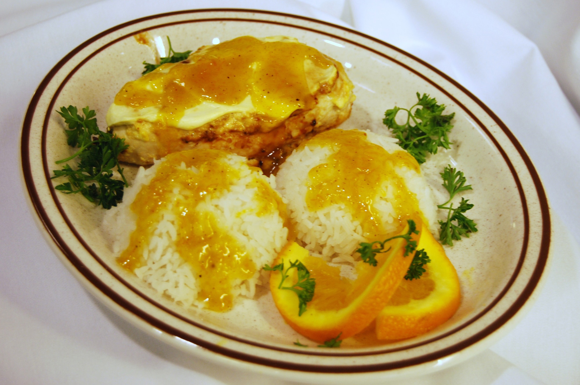 The entrée scoring the most points from the judges and earning the chefs the first place prize was "Orange Chicken Delight" pictured here. (U.S Air Force photo/Airman 1st Class Kristina Overton)