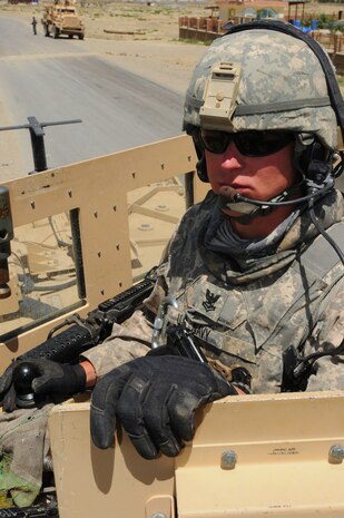 U.S. Navy Petty Officer 2nd Class Pete Kowall, a native of Enterprise, Miss., provides security during a mission in Sharana District, Paktika province, Afghanistan June 4. Although Kowall is a culinary specialist, he works for the Paktika Reconstruction Team as a supply technician and also works as a gunner for the PRT while on missions outside the wire. He is a vital member of a team of roughly 100 military personnel and agency partners throughout the Paktika province whose mission is to help legitimize the government of Afghanistan through development, governance and agricultural initiatives. Kowall is deployed from Navy Consolidated Brig, Charleston S.C., where he fulfills a special duty assignment as a corrections specialist. (U.S. Air Force photo/Master Sgt. Demetrius Lester)