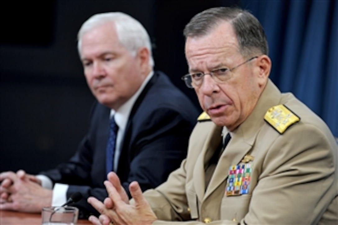 Chairman of the Joint Chiefs of Staff Adm. Mike Mullen joined Secretary of Defense Robert M. Gates in a Pentagon press conference to discuss the resignation of Gen. Stanley A. McChrystal on June 24, 2010.  McChrystal had been the senior commander of U.S. and NATO forces in Afghanistan.  