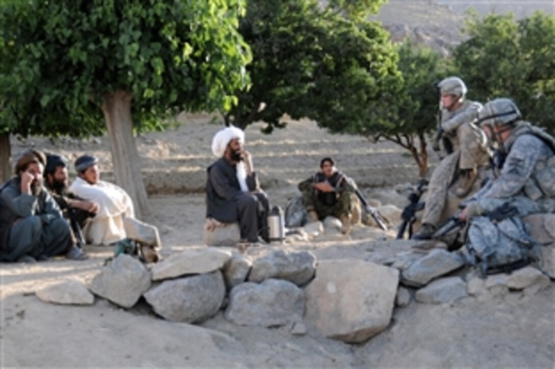 U.S. Army 1st Lt. Daniel Meegan, second from right, and Staff Sgt. James Wade, right, speak with villagers during a key leader engagement outside Forward Operating Base Baylough, Zabul province, Afghanistan, June 21, 2010. Meegan and Wade are assigned to Company D, 1st Battalion, 4th Infantry Regiment, U.S. Army Europe.