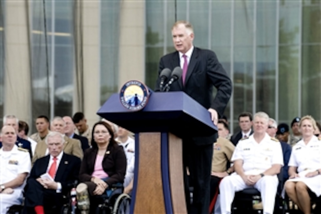 Deputy Defense Secretary William J. Lynn III, addresses the audience during the National Intrepid Center of Excellence dedication ceremony at Bethesda National Naval Medical Center, Md., June 24, 2010.  The center is a state-of-the-art facility designed to provide leading edge services for advanced diagnostics and treatment for servicemembers with psychological health issues and traumatic brain injuries.