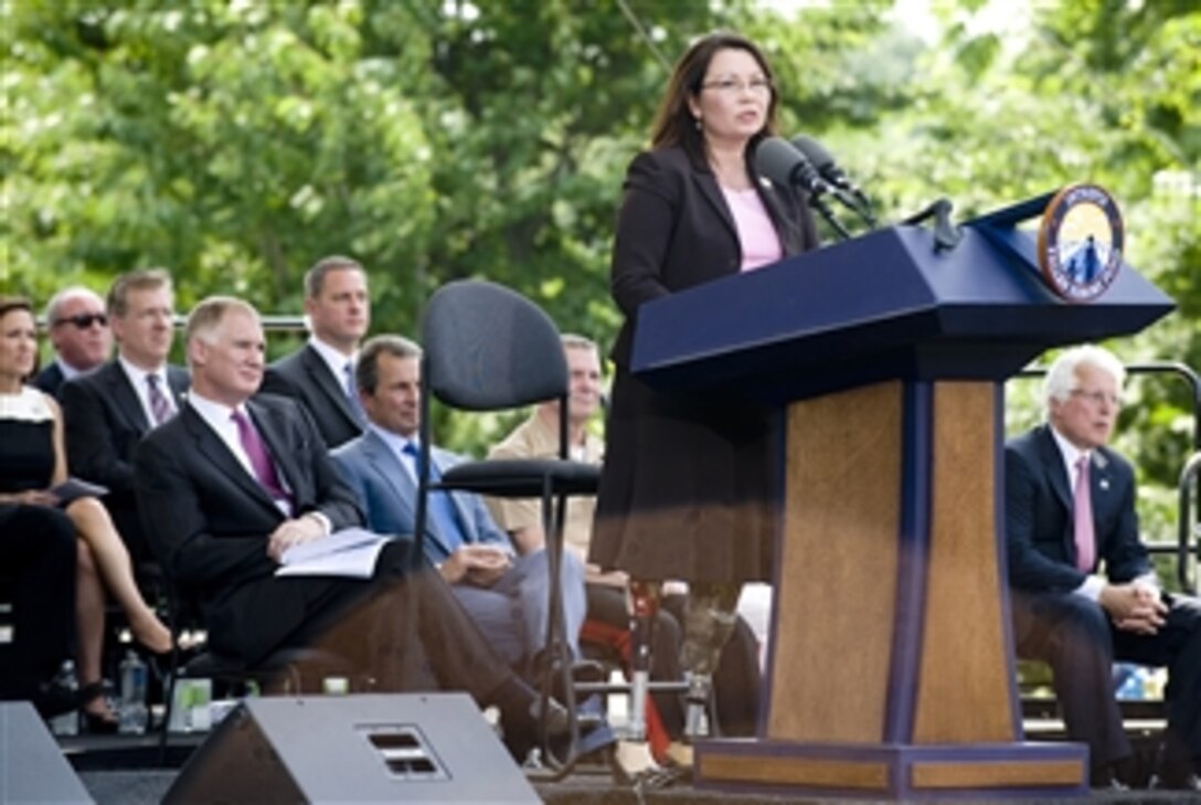 Wounded Warrior and Assistant Secretary for Intergovernmental and Public Affairs for the Department of Veterans Affairs Tammy Duckworth addresses the audience during the National Intrepid Center of Excellence dedication ceremony at Bethesda National Naval Medical Center, Md., on June 24, 2010.  The Intrepid Center is a state-of-the-art facility designed to provide leading edge services for advanced diagnostics and treatment for service members with Psychological Health issues and Traumatic Brain Injury.  