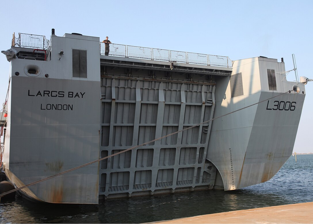 Royal Fleet Auxiliary Largs Bay sits docked in the Port of Morehead City, N.C., waiting to offload equipment and personnel, June 25. More than 4,500 United Kingdom service members are training alongside U.S. Marines during Operation Auriga aboard Camp Lejeune, N.C., throughout July.