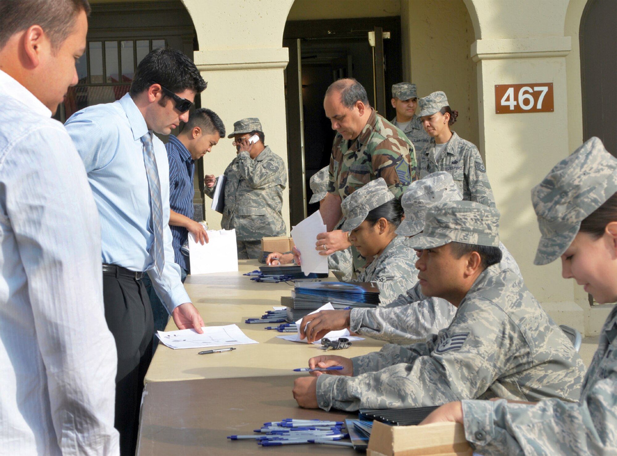 452nd Military Personnel Flight Airmen check in three former Air Force personnel at the Individual Ready Reserve muster held at March Air Reserve Base. At annual musters, IRR members update medical and personal information. (U.S. Air Force photo by Master Sgt. Antoinette Lewis)
