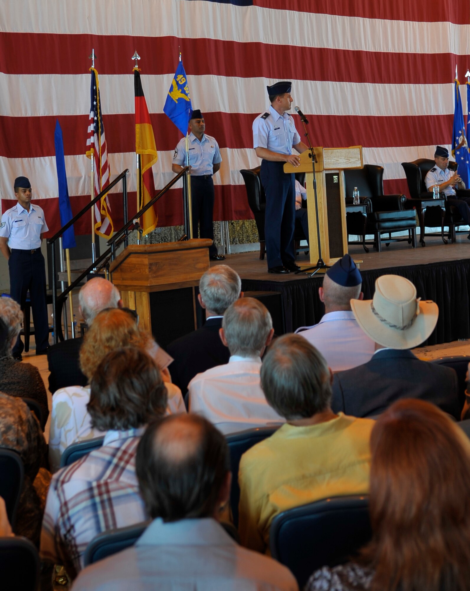 HOLLOMAN AIR FORCE BASE,N.M. -- Col. David Krumm, 49th Wing commander, speaks during the 49th WG Change of Command at hangar 301, June 25, 2010. Colonel Krumm came to Holloman from the Pentagon where he served with Chief of Staff of the Air Force Fellowship Program. (U.S. Air Force photo by Airman 1st Class Joshua Turner / Released)