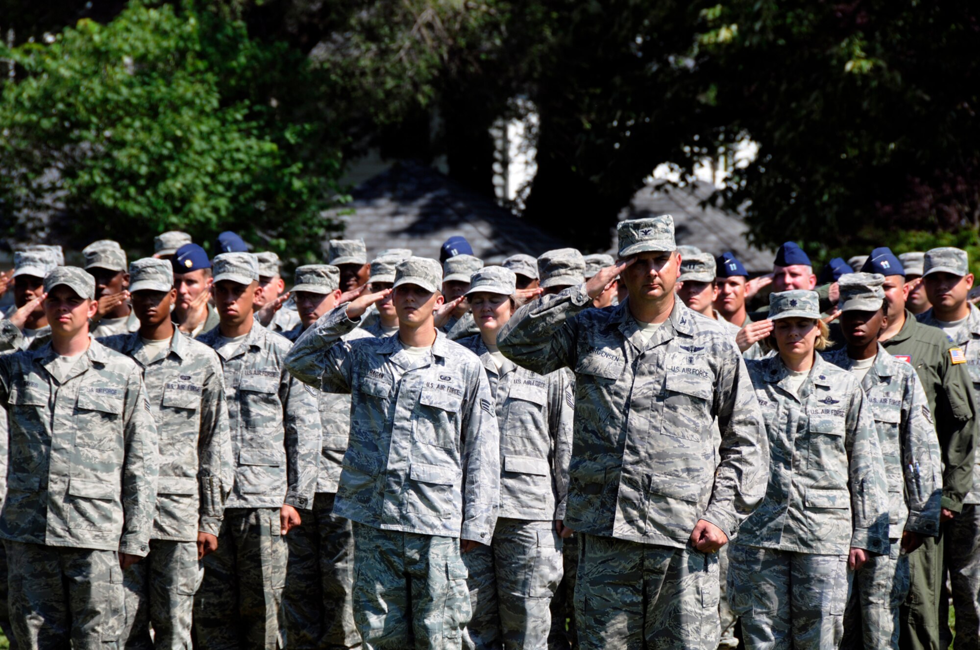 SCOTT AIR FORCE BASE, Ill. -- Members of the 375th Medical Group render a salute to Col. Michael Hornitschek during the 375th Air Mobility Wing change of command ceremony Friday. Colonel Hornitschek arrives from McChord Air Force Base, Wash., where he served as the vice commander. (U.S. Air Force photo/ Staff Sgt. Brian Ellis)
