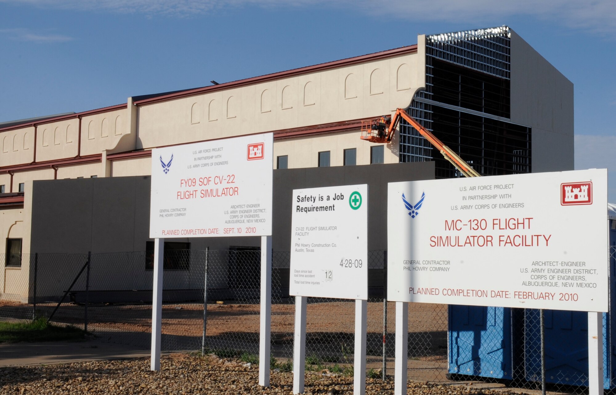 A flight simulator complex nears completion at Cannon Air Force Base, N.M. One half is a  $7.5 million MC-130 flight simulator due to be completed in July.The second part of the building is  a CV-22 flight simulator costing  $8.3 million, which  due to be
finished in September. The complex is one of several that will house flight simulators for Airmen to train on nearly all the aircraft flown at Cannon. (U.S. Air Force photo by Senior Airman Evelyn Chavez)
