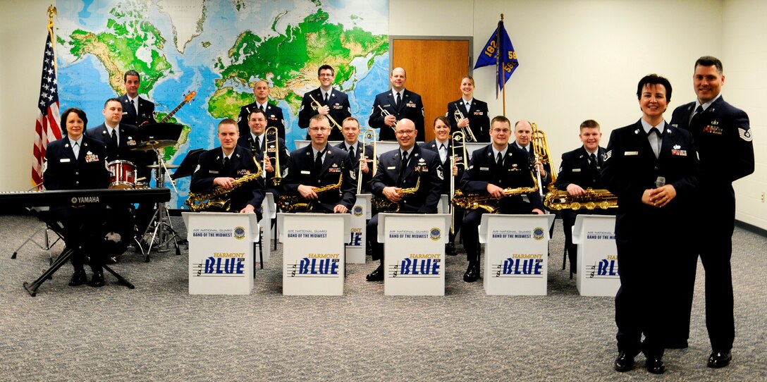 Harmony in Blue - the Jazz Ensemble component of the 566th AF Band, the Air National Guard Band of the Midwest.  This was taken by MSgt Scott Thompson prior to a performance at the Mundelein Jazz Festival in March 2010.  