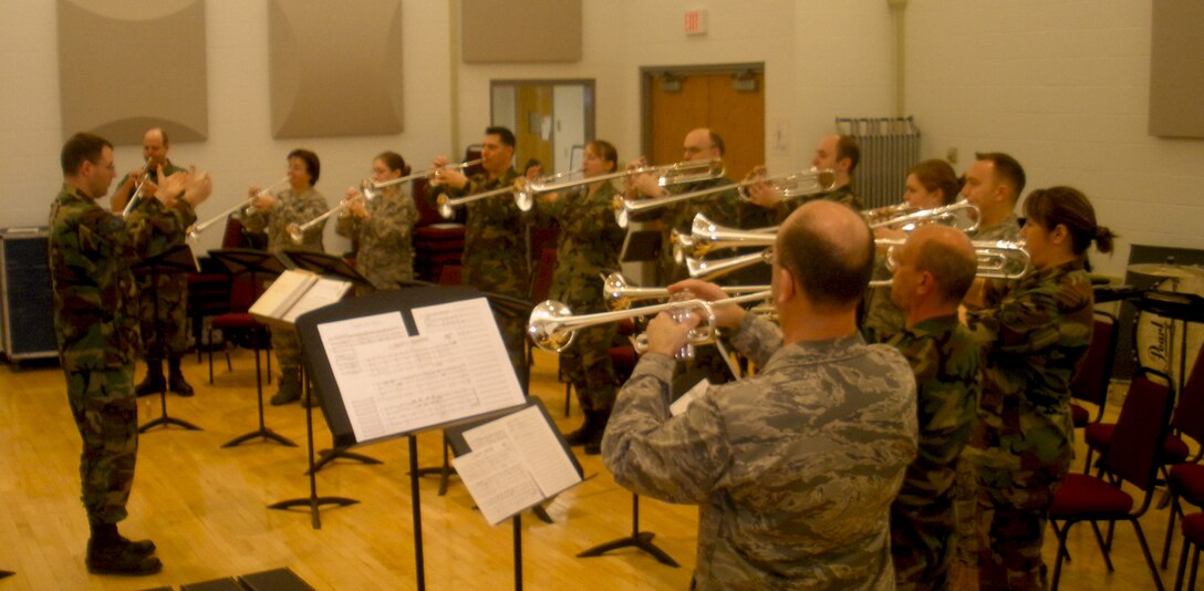 Herald Choir - rehearsal of the Herald Horns of the 566th AF Band.  This brand new ensemble had a premier performance at the NGAI conference April 2010.  This photo was taken by SMSgt James Filipek, Band Superintendant.