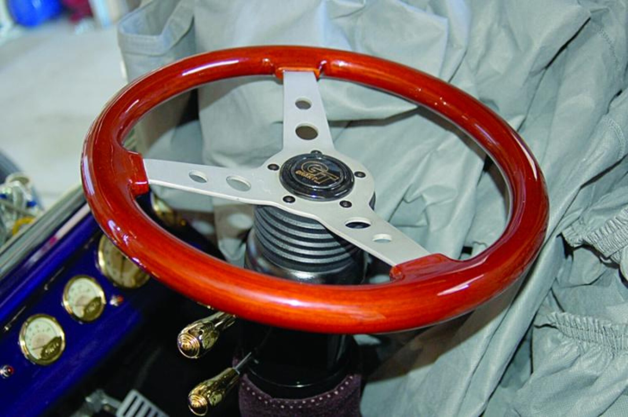 A highly polished wooden steering wheel graces the 1923 Roadster. (U.S. Air Force photo by: Bill Orndorff)