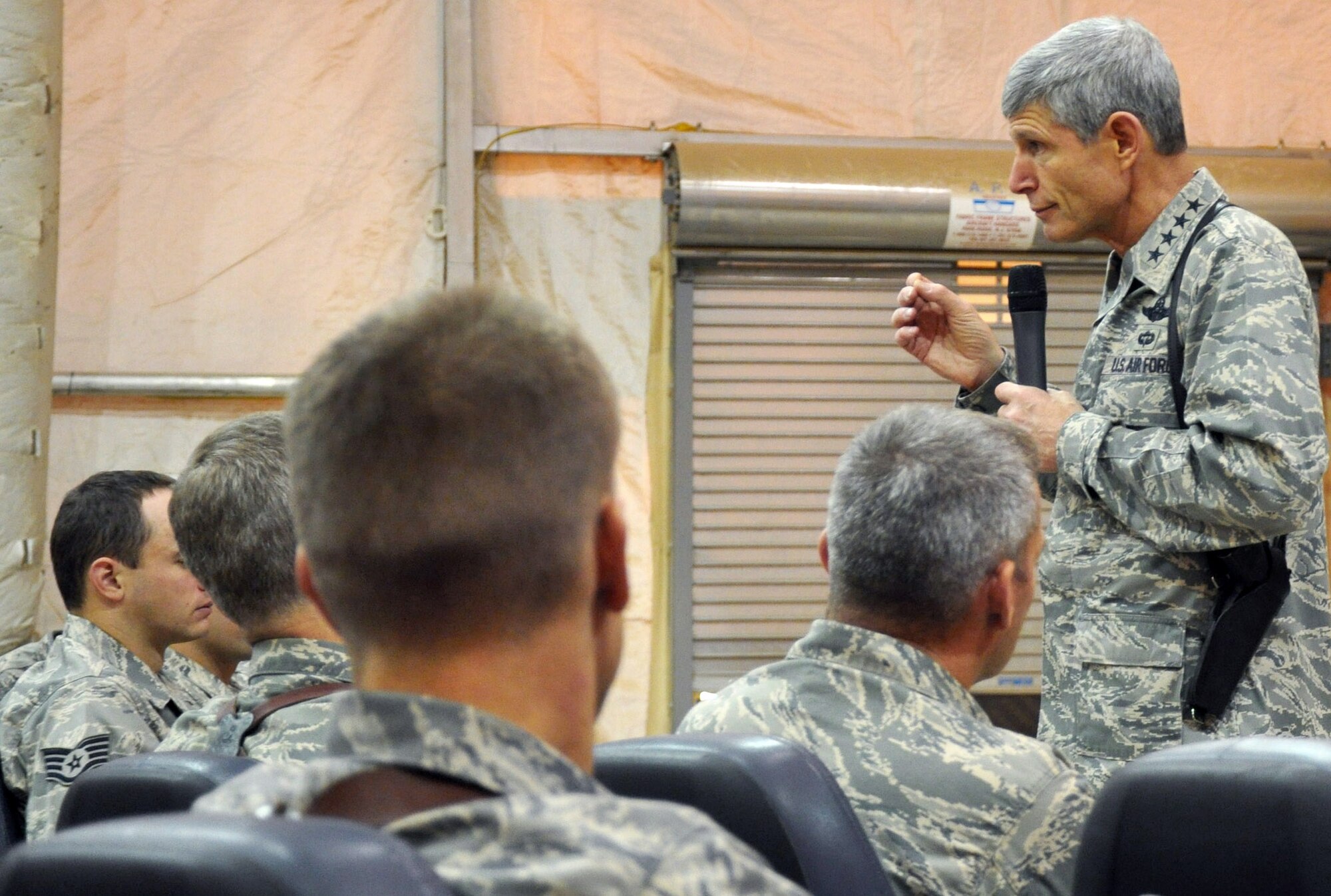 Air Force Chief of Staff Gen. Norton Schwartz visited the 447th Air Expeditionary Group June 24, 2010, at Sather Air Base, Baghdad. The general met with Airmen to discuss the importance of who they are and what they do to support the mission. Airmen from Sather AB and from the surrounding Victory Base Complex were given the opportunity to ask questions and share stories about their accomplishments here. (U.S. Air Force photo/Tech. Sgt. Mike Edwards)