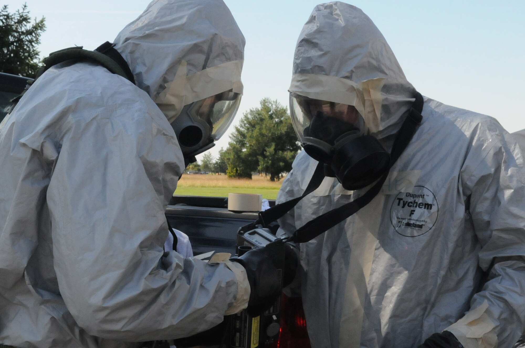 Bioenvironmental personnel perform operations check on an installation protection program equipment during a major accident response exercise April 23. Personnel were evaluated on the detection and identification of hazardous material found at the scene by the exercise evaluation team. (U.S. Air Force photo/Staff Sgt. Mercedeskimble L. Crossland) 