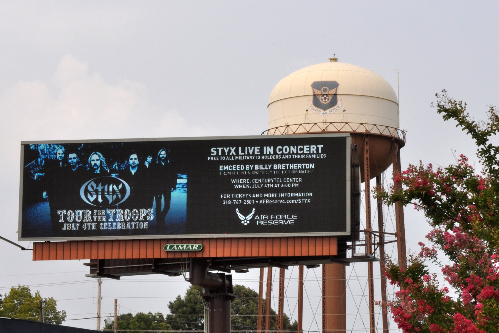 An electronic billboard outside the main gate at Barksdale Air Force Base, La., promotes the upcoming Styx concert sponsored by the Air Force Reserve Command to benefit and honor the men and women serving our nation at home and overseas. The Air Force Reserve is offering this concert free for all members of the Armed Forces and their immediate families. (U.S. Air Force photo/Tech. Sgt. Jeff Walston)