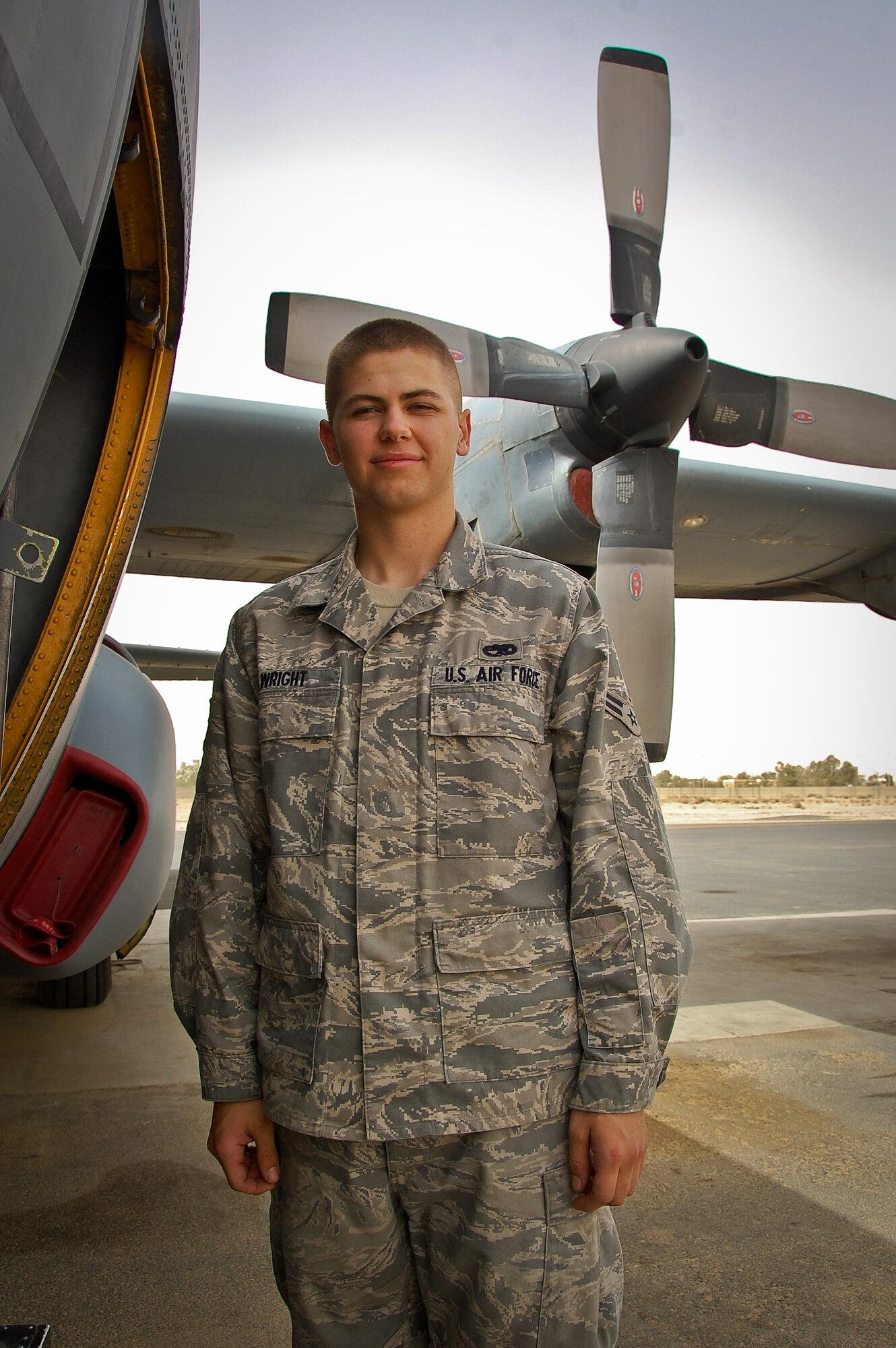 Airman 1st Class Andrew Wright, 386th Expeditionary Aircraft Maintenance Squadron crew chief, is deployed from Davis-Monthan Air Force Base, Ariz. (U.S. Air Force photo by Staff Sgt. Stefanie Torres/Released)