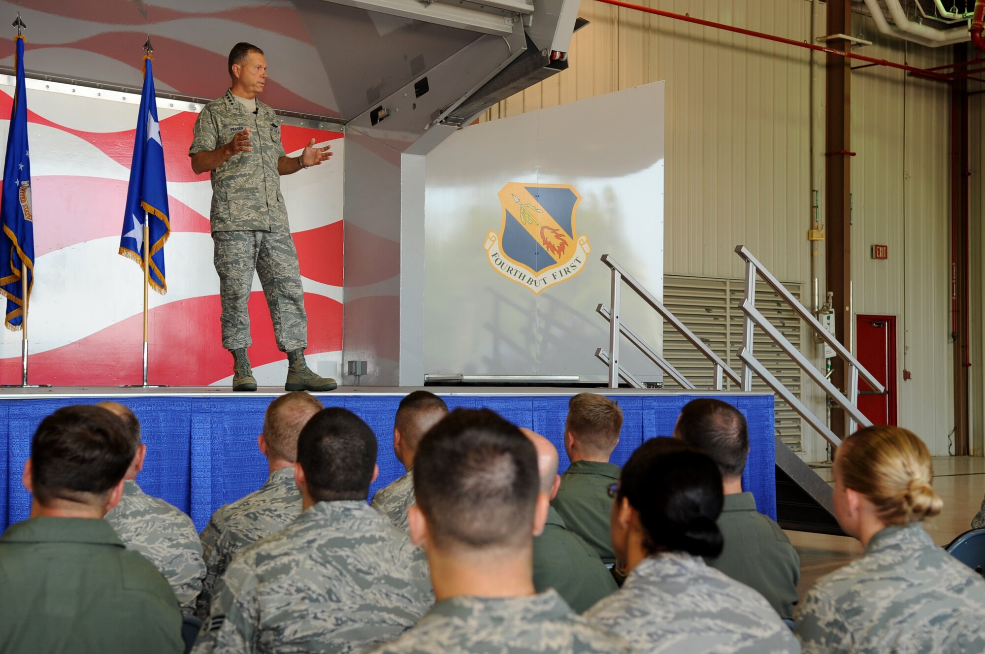 SEYMOUR JOHNSON AIR FORCE BASE, N.C. – Gen. William M. Fraser III speaks to 4th Fighter Wing Airmen here about their contribution to overseas contingency operations June 17, 2010. During his visit, General Fraser also updated Airmen on Air Force manning and Air Expeditionary Forces rotations, the importance of being a wingman and suicide prevention.  General Fraser is the commander, Air Combat Command. (U.S. Air Force photo/Staff Sgt. Courtney Richardson)  