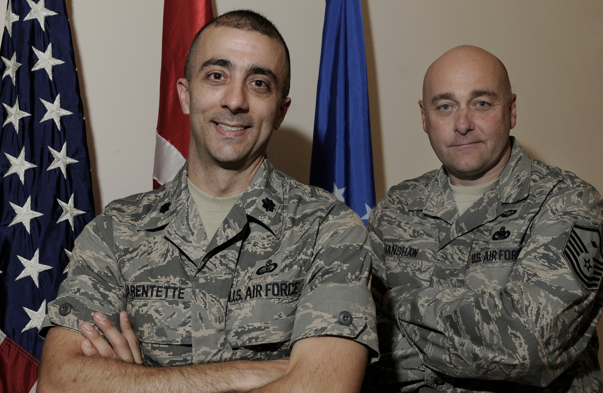 Lt. Col. Kenneth Marentette, 425th Air Base Squadron commander, stands with Master Sgt. Anthony Hanshaw, 425th  ABS First Sergeant Thursday June 10, 2010 at Izmir, Turkey. Colonel Marentette and Sergeant Hanshaw are in charge of nearly 100  Airmen stationed at the unit. Airmen in Izmir are geographically separated but still continuously provide support to each other and the overall mission. The 425th ABS provides world class mission support to U.S. personnel at NATO command Air Izmir, the Office of Defense Cooperation, and the U.S. embassy, as well as administers the Çigli Air Base turnover agreement. (U.S. Air Force photo/Senior Airman Alexandre Montes)