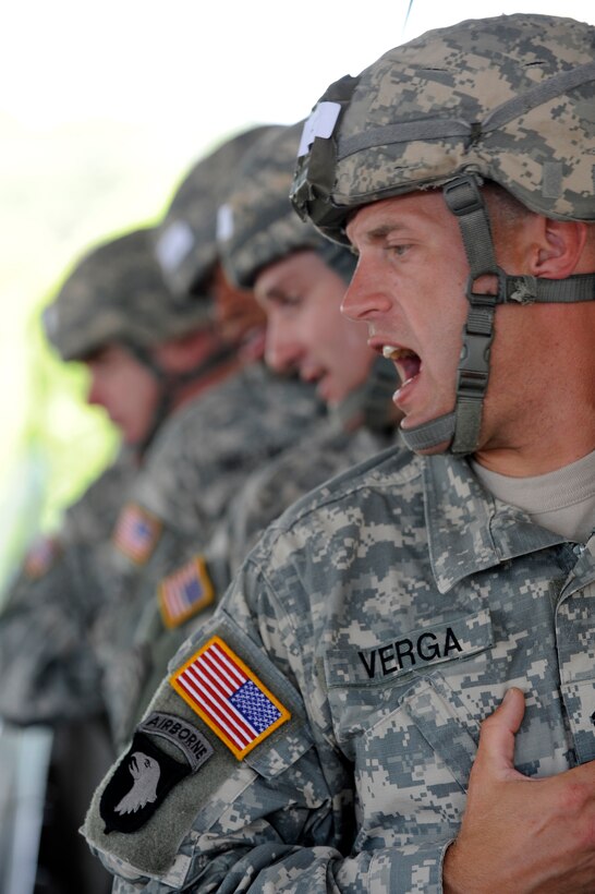 U.S. Army Staff Sgt. Patrick Verga calls out jump commands at a mock door airdrop during a joint forcible entry exercise on Pope Air Force Base, N.C., June 21, 2010.