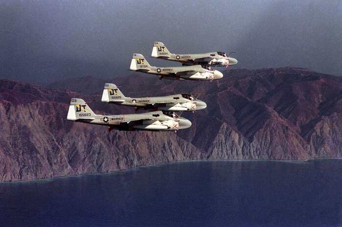Marine All-Weather Attack Squadron 242 A-6AE Intruders fly through the air. During the Vietnam War, Marine All-Weather Fighter Attack Squadron 242 was known as the VMA(AW)-242 Batmen. At the end of the war, VMA(AW)-242 was recorded as having logged 16,783 combat sorties and delivering 85, 990 tons of ordnance.