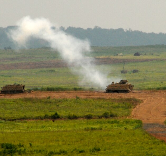 Smoke billows up from the ground at the 188th Fighter Wing's Detachment 1 Razorback Range June 25 after a 188th A-10C Thunderbolt II "Warthog" fired an inert bomb during an airpower demonstration at an Employer Support of the Guard and Reserve (ESGR) event. The 188th hosted 30 employers of Airmen from the Guard unit. (U.S. Air Force photo by Capt. Heath Allen/Arkansas National Guard Public Affairs)