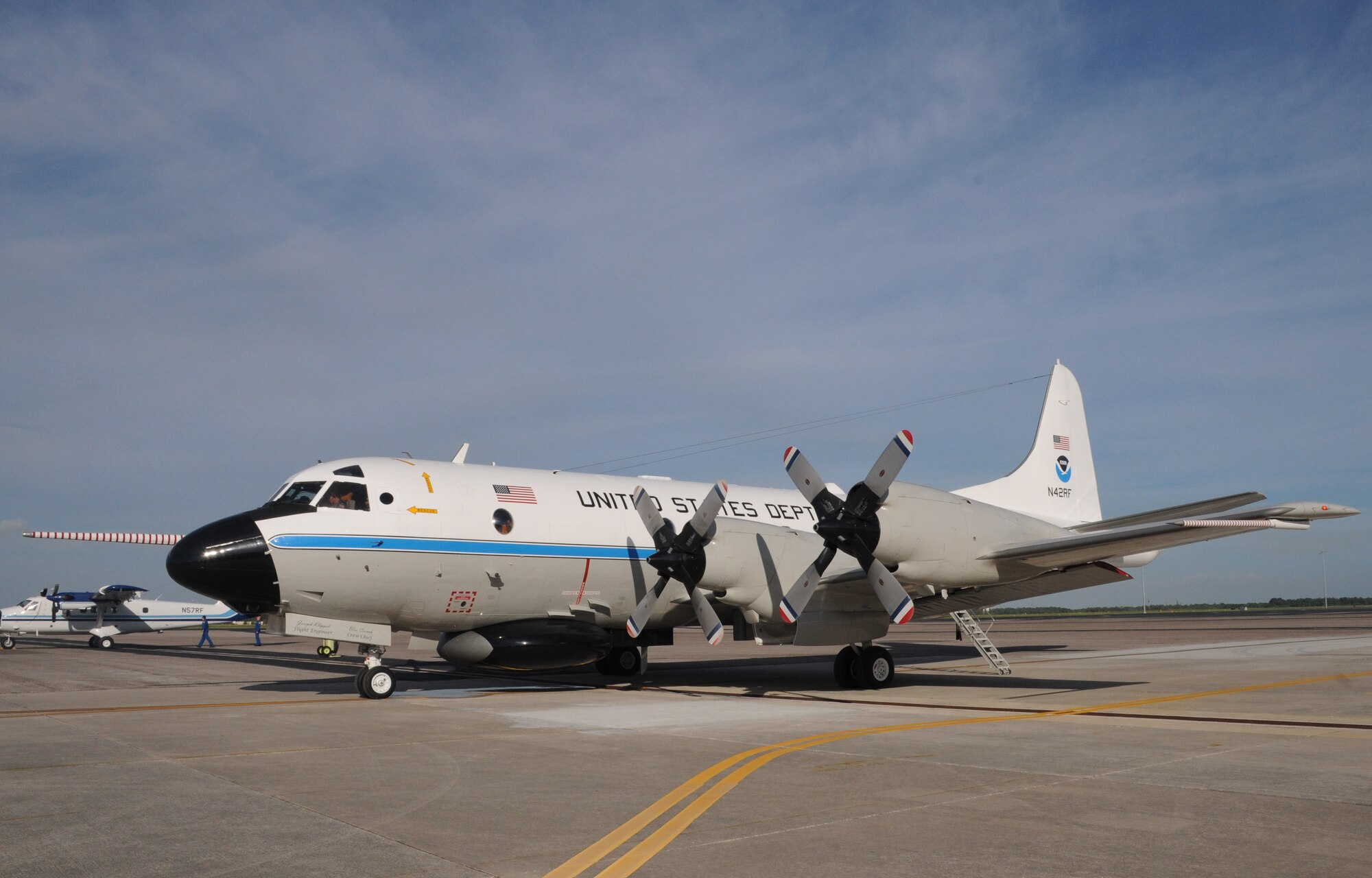 "Kermit the Frog," one of the National Oceanic and Atmospheric Administration Aircraft Operations Center planes at MacDill Air Force Base, Fla., is one of only two WP-3D Orion weather research aircraft in the world. (U.S. Air Force photo by Senior Airman Anna-Marie Wyant)  