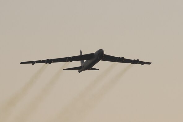A B-52 Stratofortress performs a flyover above the National Museum of the U.S. Air Force June 25, 2010, during Air Force Materiel Command's sixth annual Freedom's Call Tattoo. The B-52 was one of more than 10 aircraft featured at the Tattoo. (U.S. Air Force photo/Ben Strasser) 