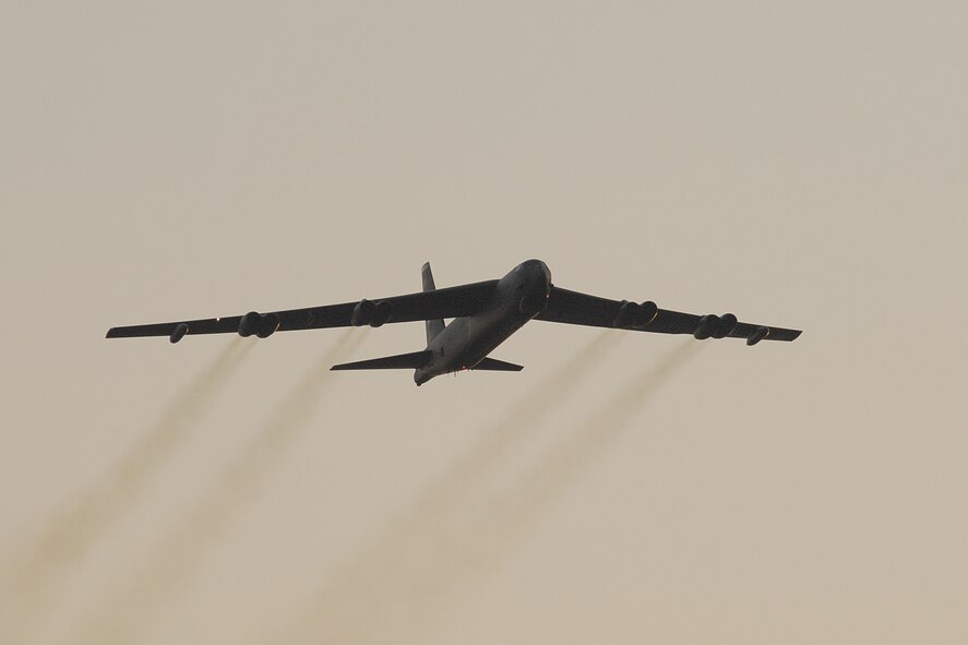A B-52 Stratofortress performs a flyover above the National Museum of the U.S. Air Force June 25, 2010, during Air Force Materiel Command's sixth annual Freedom's Call Tattoo. The B-52 was one of more than 10 aircraft featured at the Tattoo. (U.S. Air Force photo/Ben Strasser) 