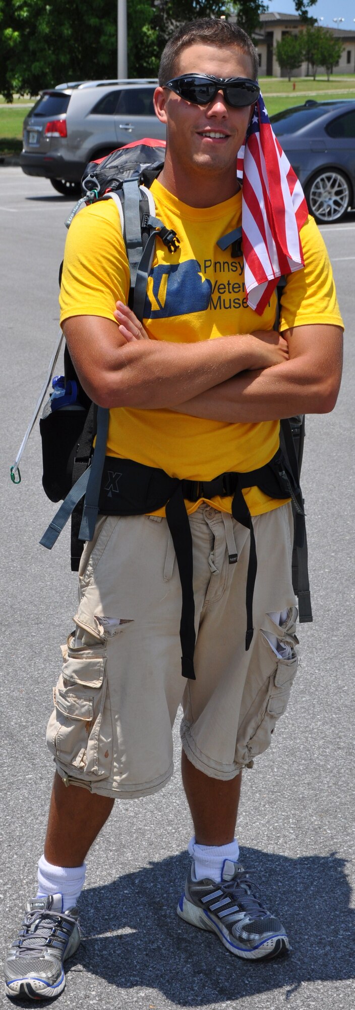 Mark Klodzinski, traveled through Tyndall Air Force Base, Fla. June 25.  Mark is attempting to walk across the United States, from New York to California, in an effort to raise awareness for the troops returning from the wars in Iraq and Afghanistan.  (U.S. Air Force photo by Senior Airman Anthony J. Hyatt)
