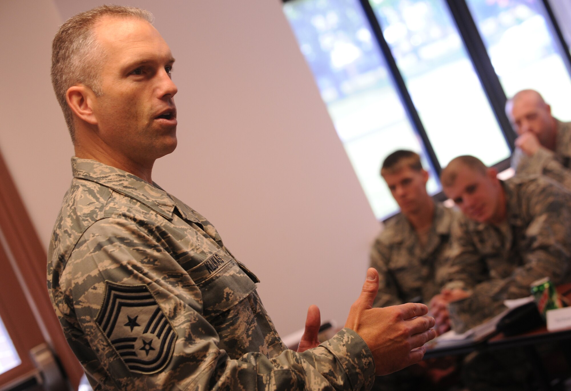 MOODY AIR FORCE BASE, Ga. -- Chief Master Sgt. Martin Klukas, Air Combat Command command chief, speaks during Airman Resiliency Training held here June 25. The end goal of the event was to institutionalize training to improve unit readiness and effectiveness and ultimately have resiliency as part of the Air Force culture. (U.S. Air Force photo by Airman 1st Class Benjamin Wiseman/RELEASED) 