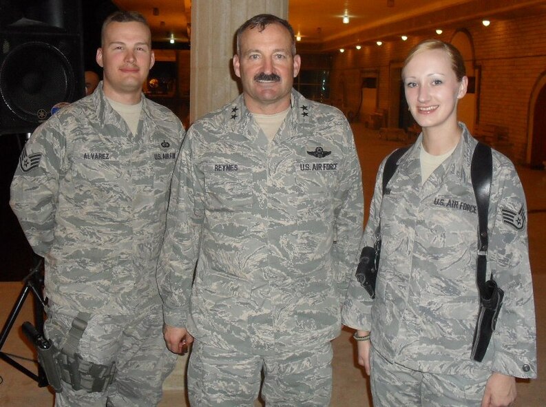 LAUGHLIN AIR FORCE BASE, Texas -- Staff Sgt. Nicole Winn, 47th Comptroller Squadron quality assurance manager, is photographed with Staff Sgt. Christopher Alvarez, U.S. Forces- Iraq, and Maj. Gen. Joseph Reynes, director of USF-I Air Component Coordination Element, while deployed in early 2010 to Camp Victory, Iraq. While deployed, Sergeant Winn managed a $62 million combined budget for various Army commanders. (Contributed photo)