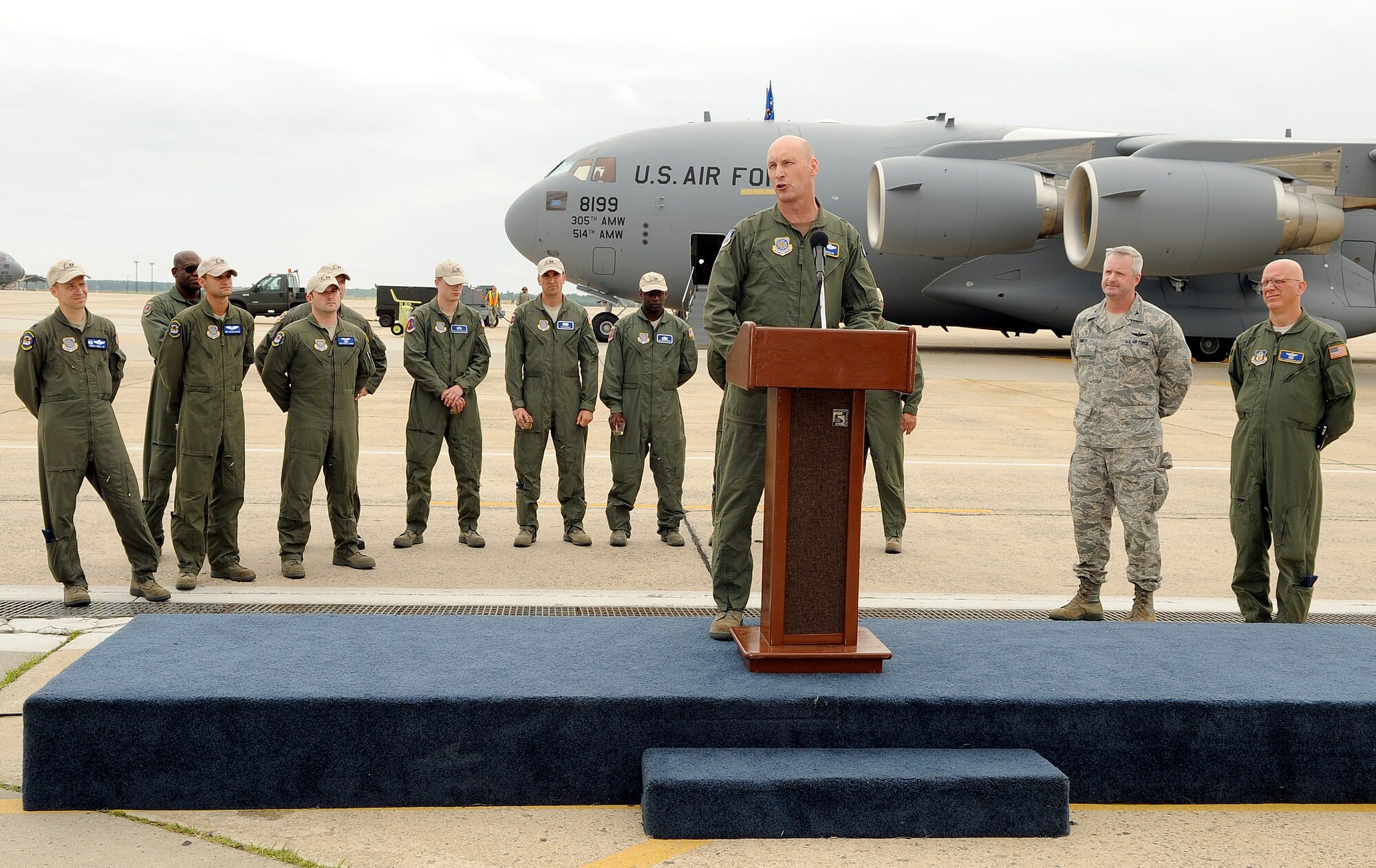 Brig. Gen. Timothy Zadalis, 21st Expeditionary Mobility Task Force, commander, flew in Joint Base McGuire-Dix-Lakehurst’s newest C-17 Globemaster III cargo plane June 16. The 305th Air Mobility Wing is the first wing in Air Mobility Command to receive a round of new aircraft as a result of a congressionally-approved increase. (U.S. Air Force photo/Wayne Russell)