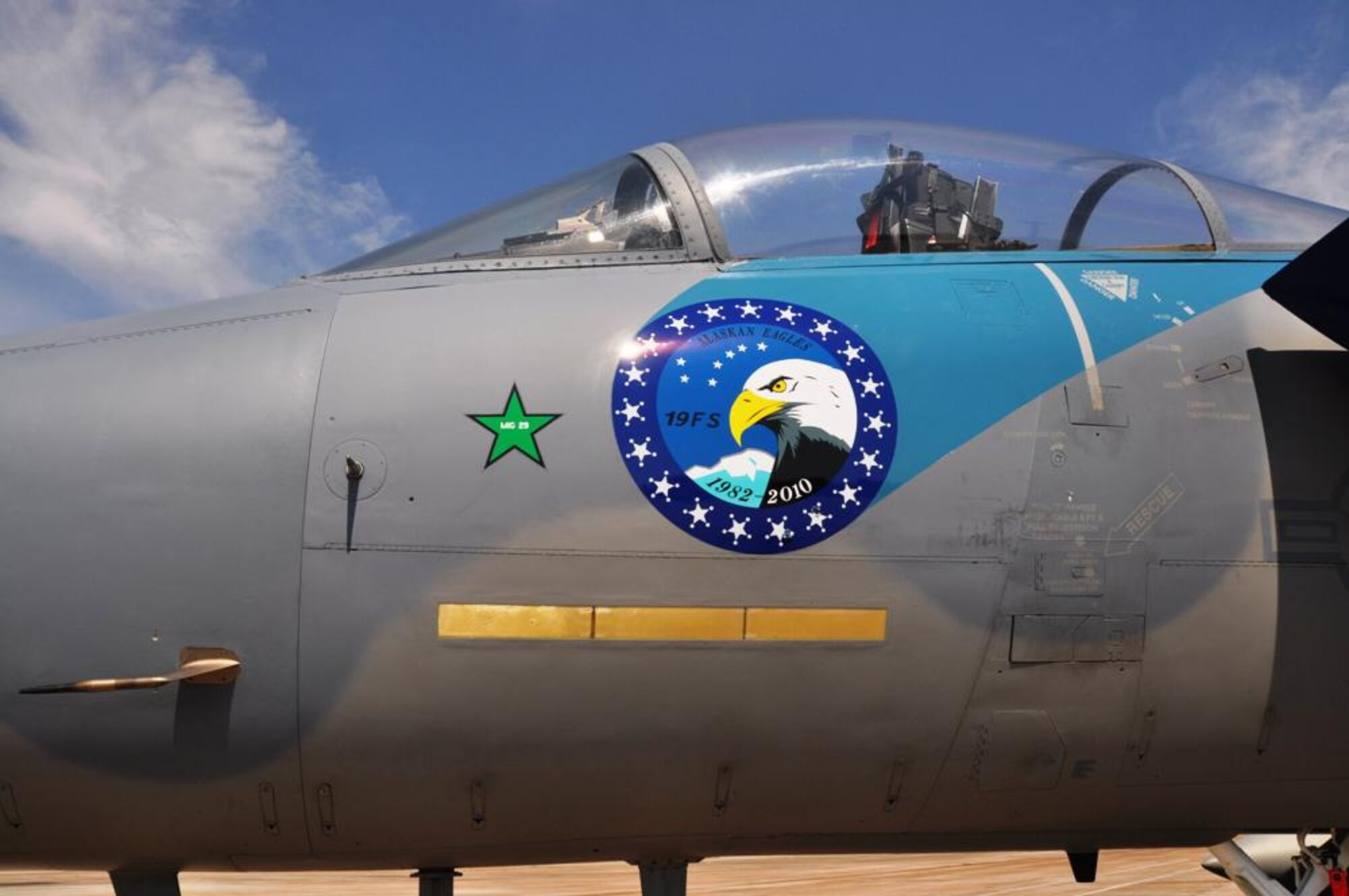The only F-15 Eagle in the U.S. Air Force approved to have nose art, this 1984 jet from the 19th Fighter Squadron, Elmendorf Air Force Base, Alaska, visited Tyndall last week as part of a tour of several bases to include Langley Air Force Base, Va., and Mountain Home Air Force Base, Idaho. The art was designed by a local Alaskan artist and applied by the jet's maintenance Airmen. It represents the 19th FS "Alaskan Eagles". The jet also has a confirmed MiG 29 kill achieved during Operation DESERT STORM. (U.S. Air Force photo/Airman 1st Class Rachelle Elsea)