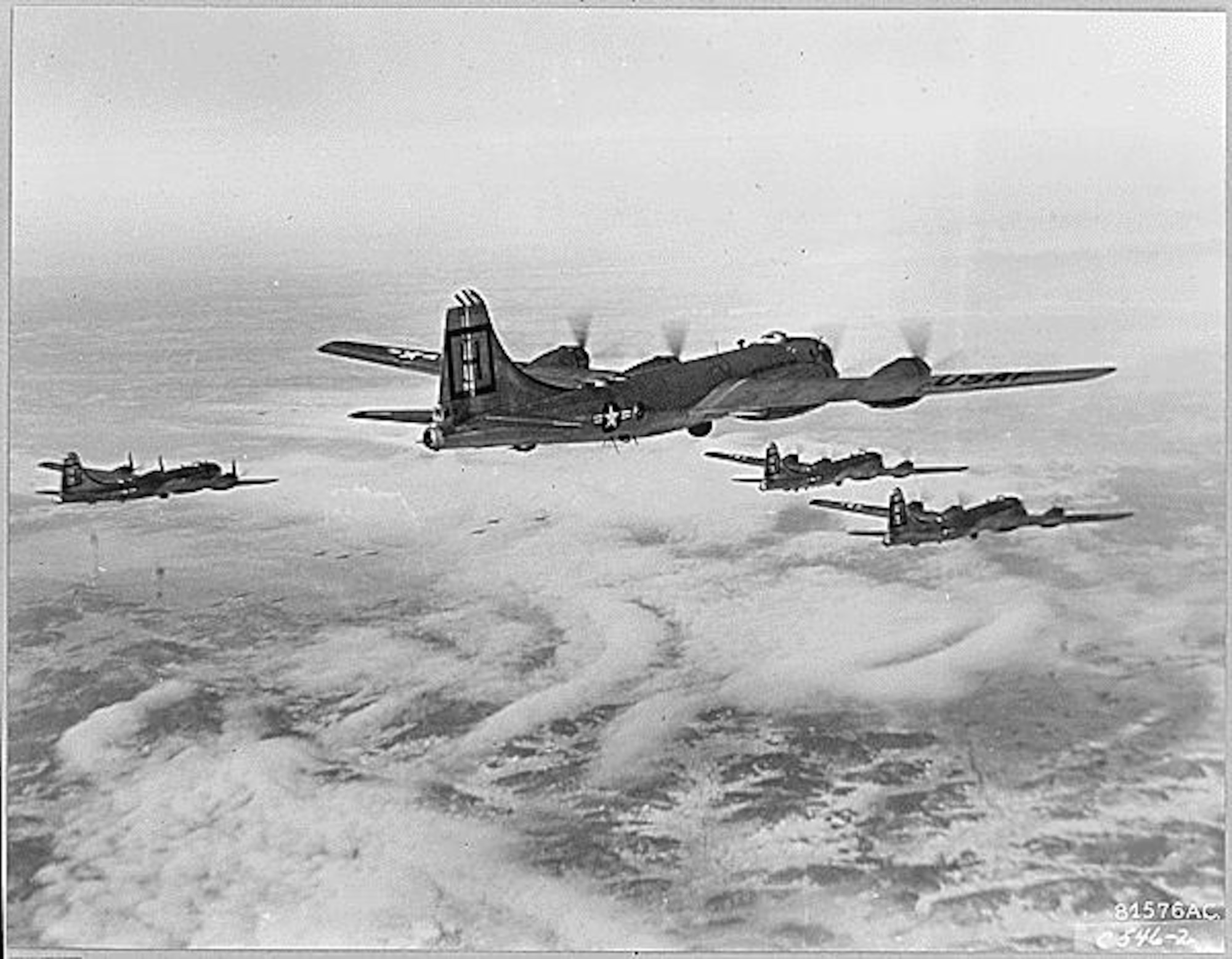 THE NATIONAL ARCHIVES - B-29s of the U.S. Far East Air Forces speed to dump tons of bombs on the Chinese Red's military targets. In round-the-clock attacks, these bombers are carrying the bittter taste of war home to the Communist hordes., ca. 01/1951