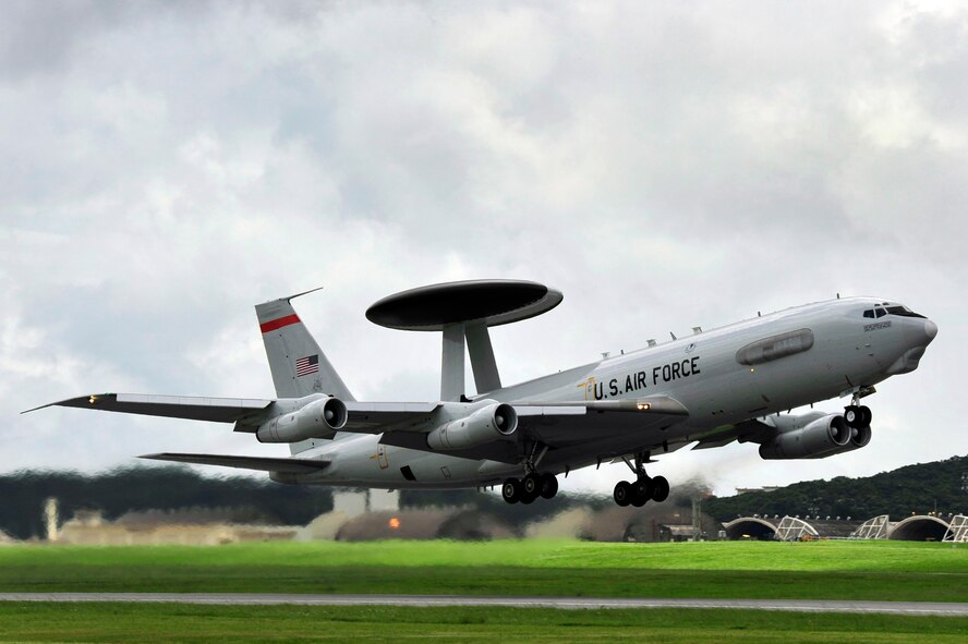 An E-3 Sentry from the 961st Airborne Air Control Squadron takes off from Kadena June 25. The E-3 Sentry is an airborne warning and control system (AWACS) aircraft provides all-weather surveillance, command, control and communications needed by commanders of U.S., NATO and other allied air defense forces.  (U.S. Air Force photo / Senior Airman Amanda Grabiec)