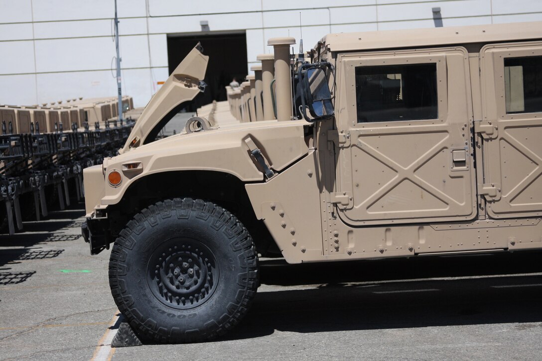 Thousands of Humvee line up in the Exercise Support Division yard awaiting repair or to be issued to Mohave Viper training units.