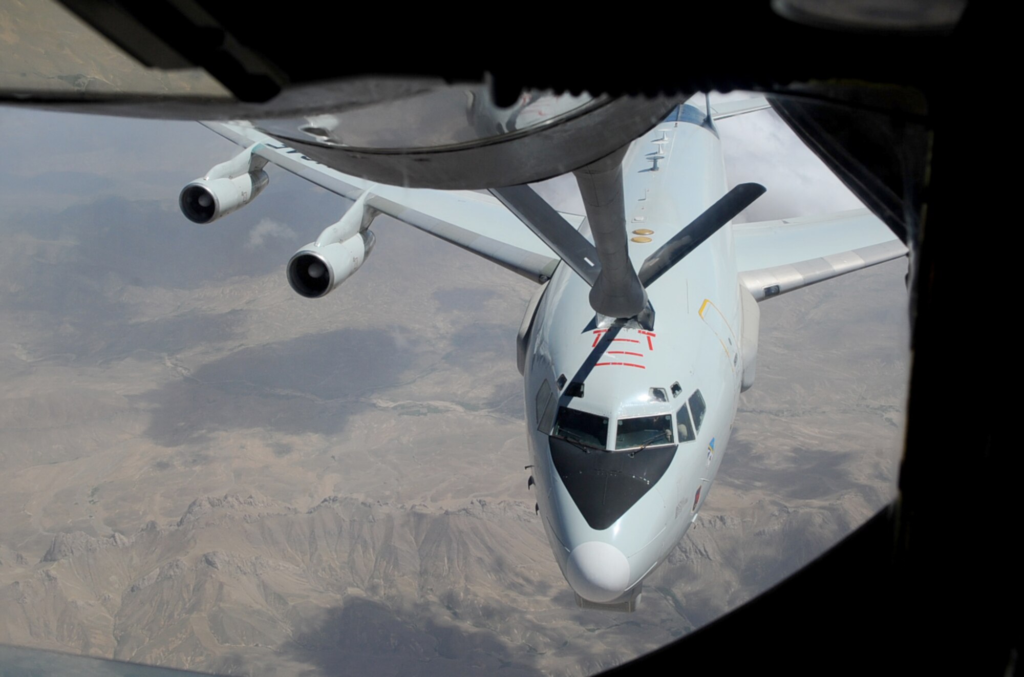 An E-3 Sentry receives fuel from a 340th Expeditionary Air Refueling Squadron KC-135 Stratotanker May 25, 2010, while flying over Afghanistan. (U.S. Air Force photo/Senior Airman Kasey Zickmund)