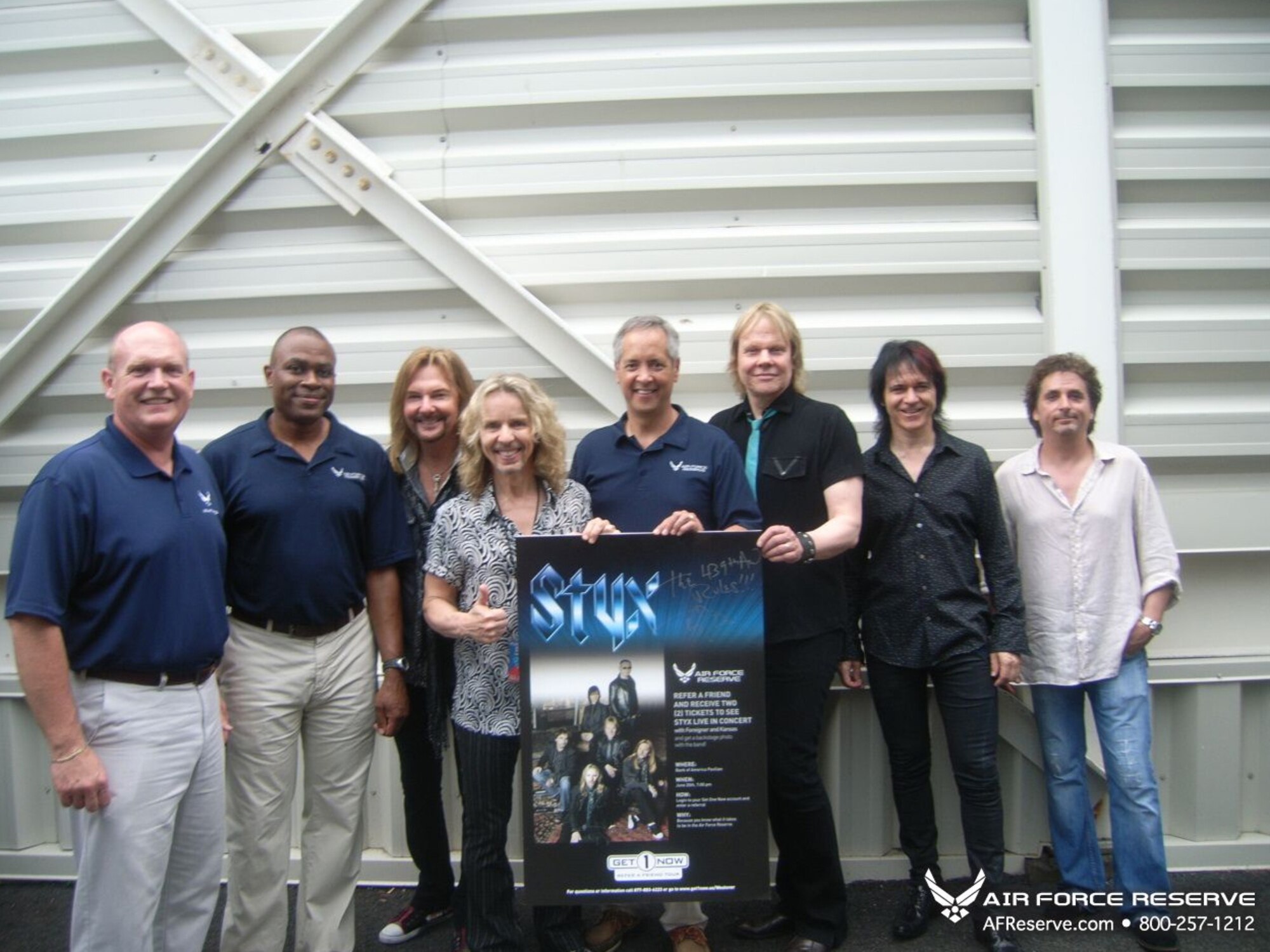 Members from Westover who refered a friend to Air Force Reserve Command Recruiters in May and June got the opportunity to see Styx perform live at the Bank of America Pavilion in Boston.  Pictured here with the band, from left to right, are Chief Master Sgt. Zigmund D. Skawski, 439th Airlift Wing Command Chief, Lt. Col. Jerome Williams, Commander of Detachment 1, AFRC Recruiting Service, and Col. Robert Swain, 439th Airlift Wing commander.