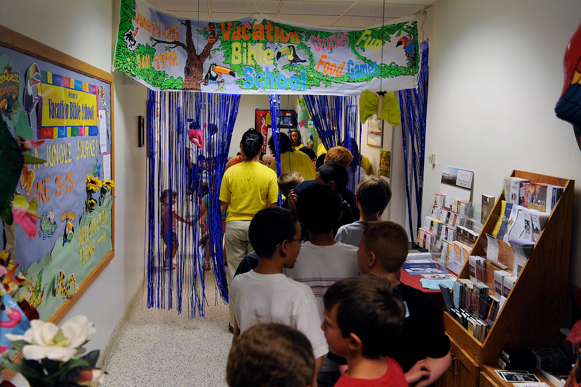 It was a jungle in there. The Peterson Chapel and annex was transformed into a rain forest theme for this year’s Vacation Bible School, June 21 to 25 on Peterson Air Force Base which had a record turnout of 150 children ages 3 to 12 and 60 adult and teen-age volunteers. (U.S. Air Force photo/Larry Hulst)
