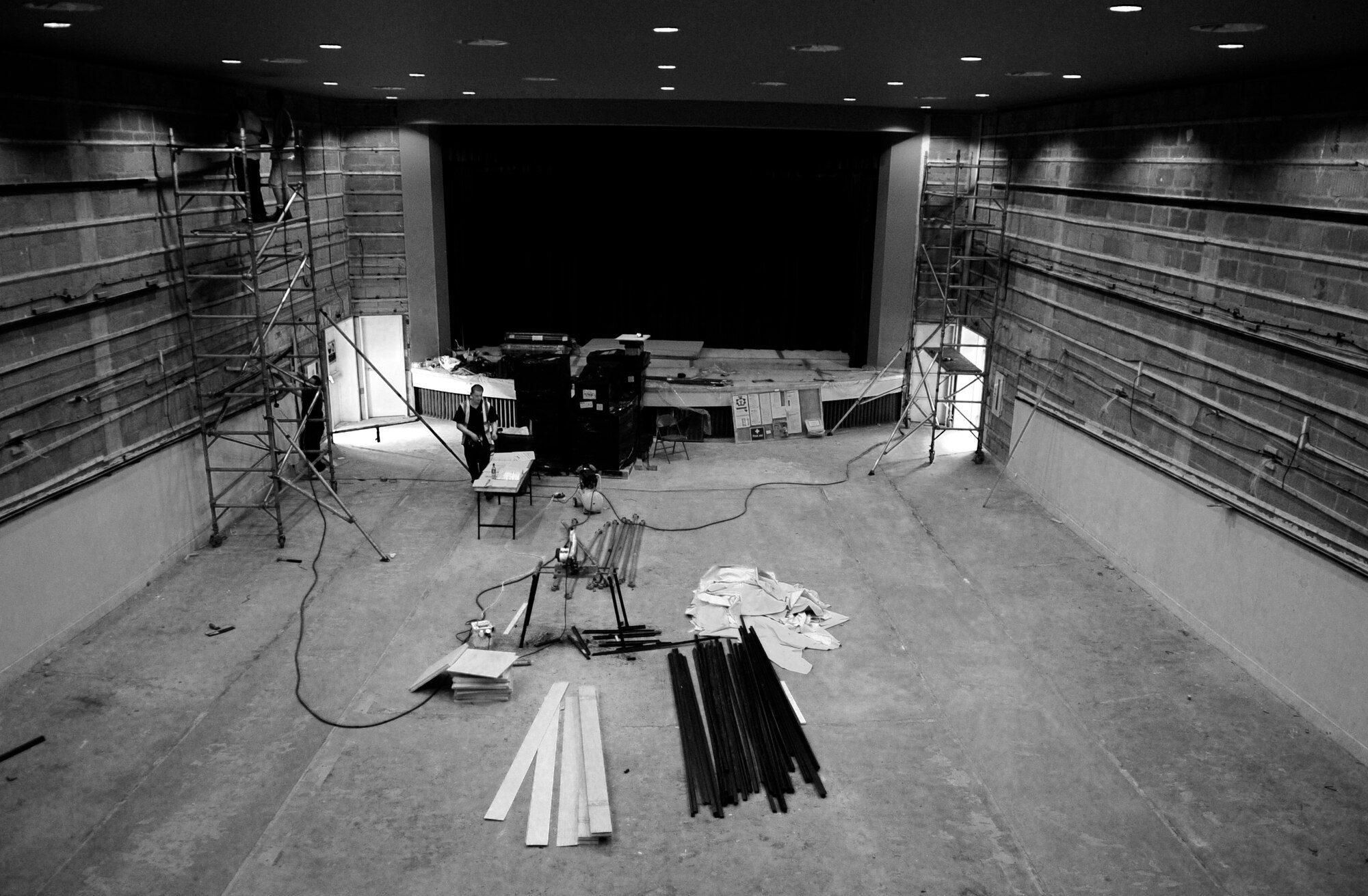 RAF MILDENHALL, England – The Base Theatre, now just an empty shell, undergoes an extensive renovation project scheduled to continue through July.  The renovation will include a new sound system, screen and furniture.  (U.S. Air Force photo/Staff Sgt. Christopher L. Ingersoll)