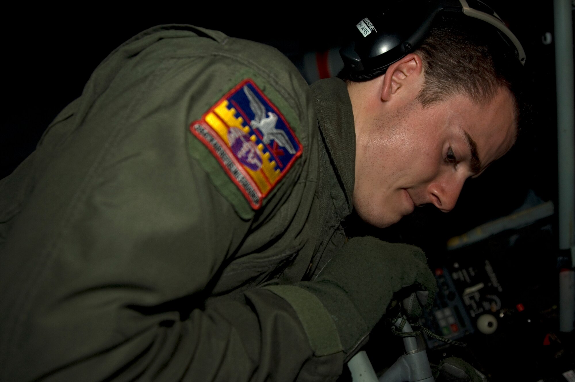 Senior Airman Andrew Deck, 384th Air Refueling Squadron boom operator, performs a pre-flight inspection of the aircraft systems prior to taking off in support of a multi-lateral sortie, June 21, 2010. This inspection aides in identifying any systems that may malfunction during the flight. (U.S. Air Force photo by Senior Airman Abigail Klein) 

