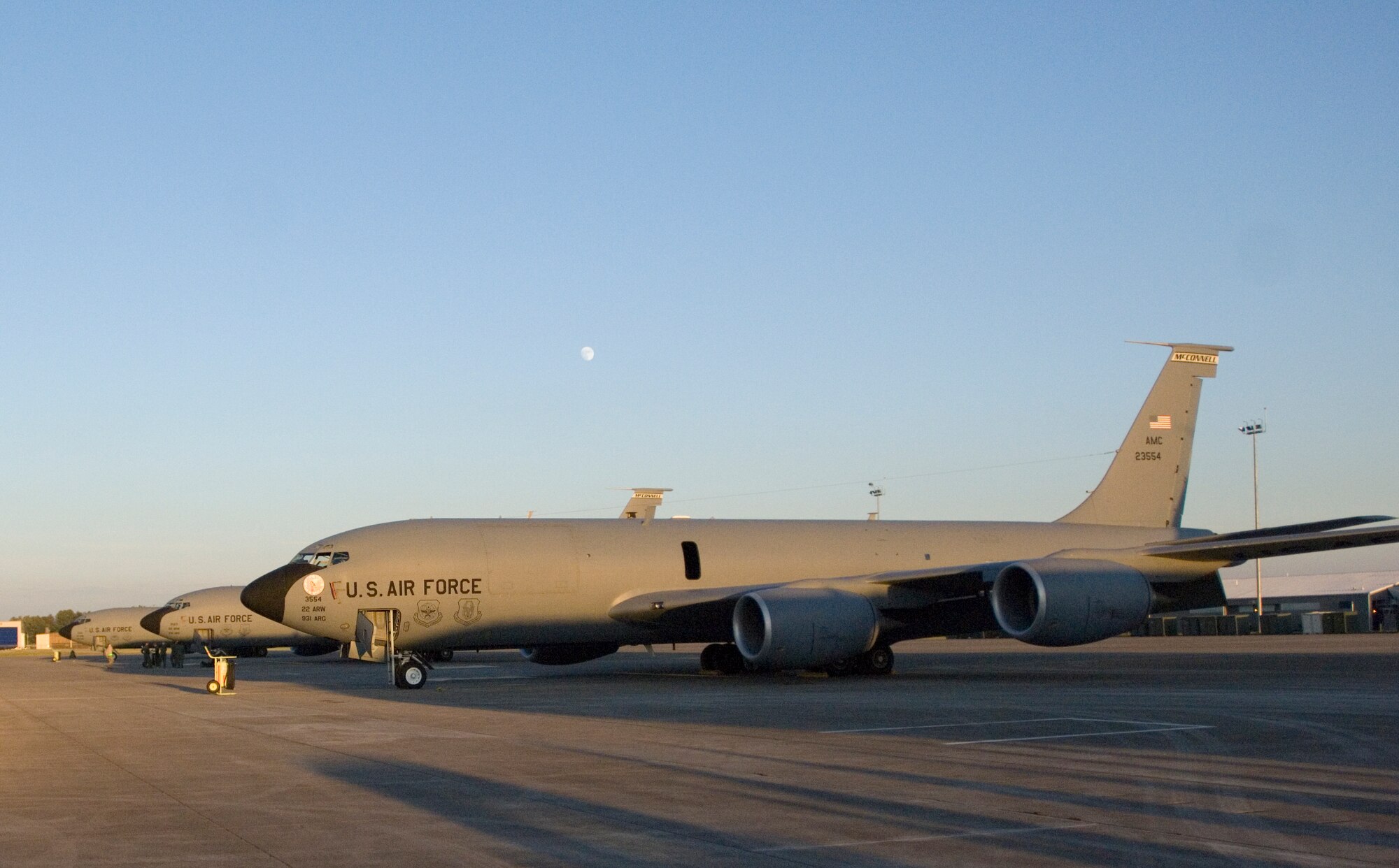 A group of KC-135 Stratotankers on the flightline prior to taking off in support of a multi-lateral sortie June 24, 2010.  McConnell’s primary mission is to provide Global Reach by conducting air refueling and airlift missions where and when needed.  (U.S. Air Force photo/Senior Airman Abigail Klein)