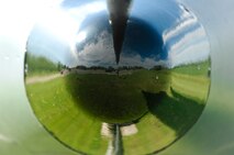 MINOT AIR FORCE BASE, N.D. –Once high in the sky, this now greets some as they pass it by. [nose of aircraft static display at front gate] (U.S. Air Force photo by Tech. Sgt. Thomas Dow)