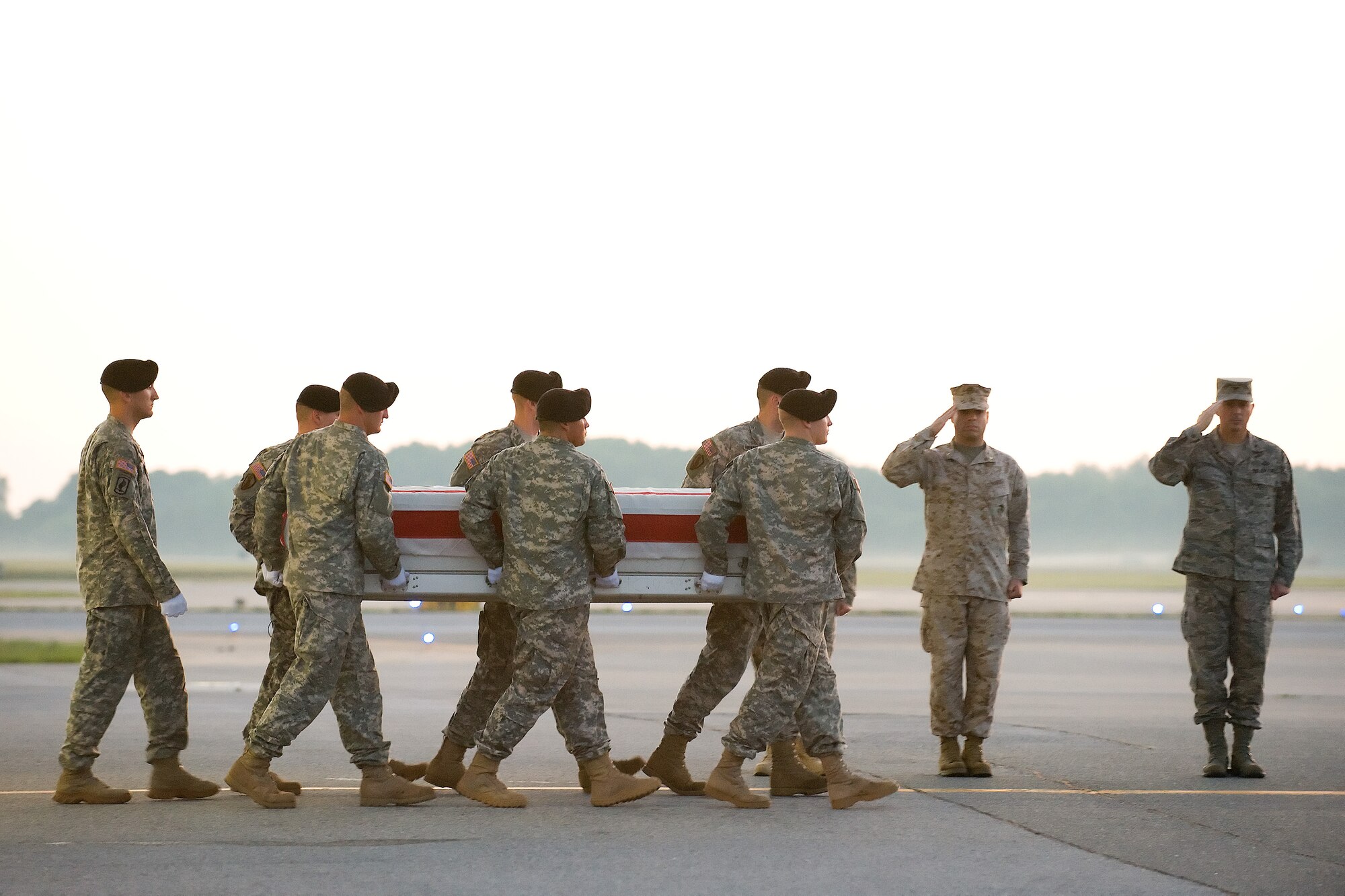 25 June 2010  USAF Photo by Jason Minto.  A U.S. Army carry team transfers the remains of Army 1SGT Eddie Turner of Ft. Belvoir, VA at Dover Air Force Base, Del., June 25, 2010.  