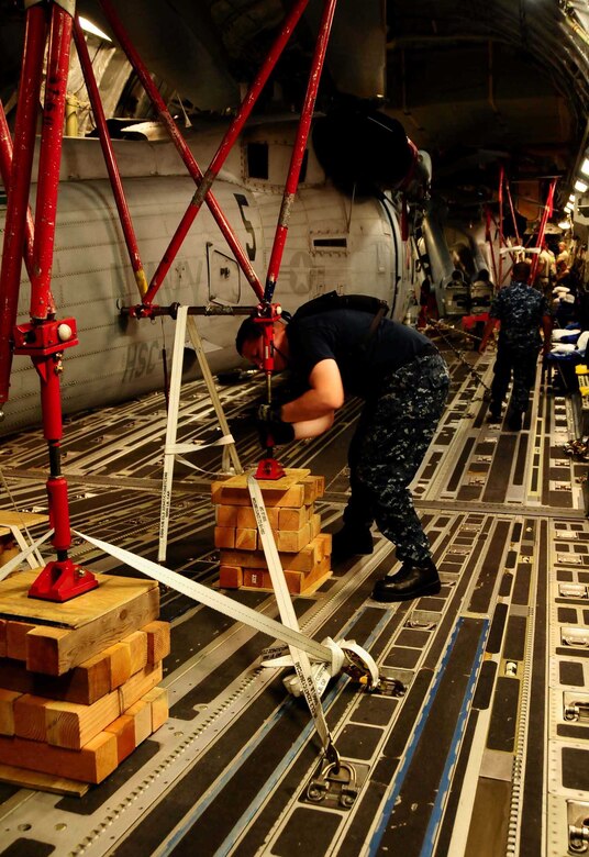 ANDERSEN AIR FORCE BASE, Guam ? Air Force personnel work with Airmen from the Helicopter Sea Combat Squadron 25 to unload two MH-60S Knighthawk from a C-17 Globemaster here June 23, 2010. The aircraft arrived as part of the HSC -25 air asset rotation. The massive undertaking of unloading the two aircraft showcased the team work that is central to Joint Region Marianas.