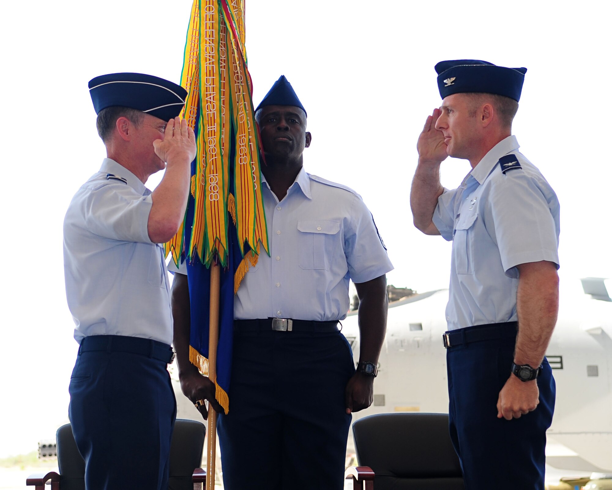 Col. John Cherrey  (right) renders a salute to Lt. Gen. Glenn Spears, the Twelfth Air Force (Air Forces Southern) commander, immediately after assuming command of the 355th Fighter Wing during a military ceremony here June 28. Colonel Cherrey comes to D-M after a yearlong tour as commander of the 451st Expeditionary Operations Group at Kandahar Airfield, Afghanistan. (U.S. Air Force photo/Airman 1st Class Jerilyn Quintanilla)
