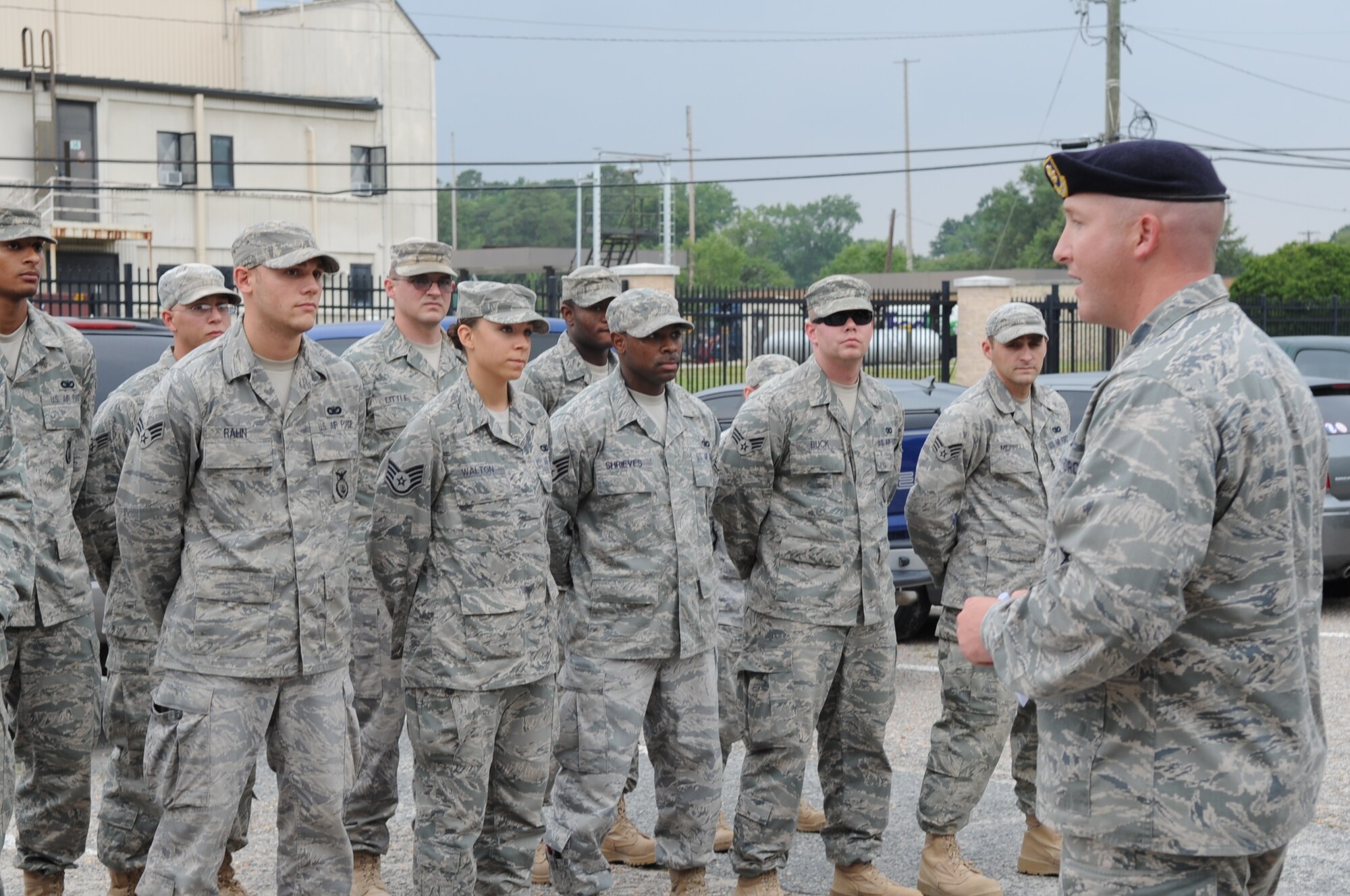 SEYMOUR JOHNSONAIR FORCE BASE, N.C. – Maj. Jim Alves welcomes home 13 returning 4th Security Force Squadron Airmen from a six-month deployment to Joint Base Balad, Iraq, June 30, 2010. While deployed, the team secured 191 combat sorties, provided security for distinguished visitor missions and earned a “Team of the Month” award. (U.S. Air Force photo/Tech. Sgt. Tammie Moore)